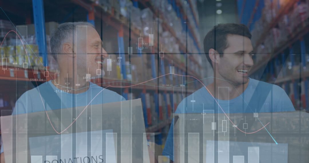 Happy Warehouse Workers with Financial Graph Overlays