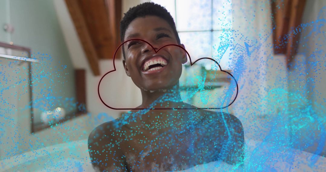 Joyful Woman in Foamy Tub with Abstract Artwork Enhancement