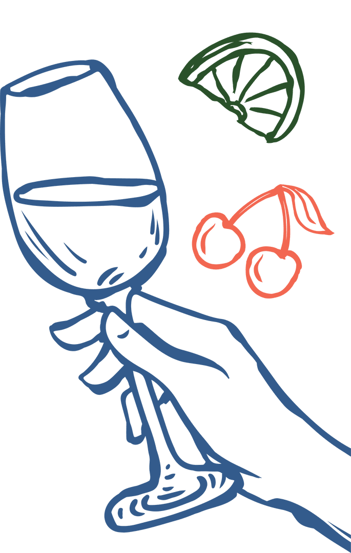 Hand Holding Glass with Cherry and Citrus Line Art on Transparent Background