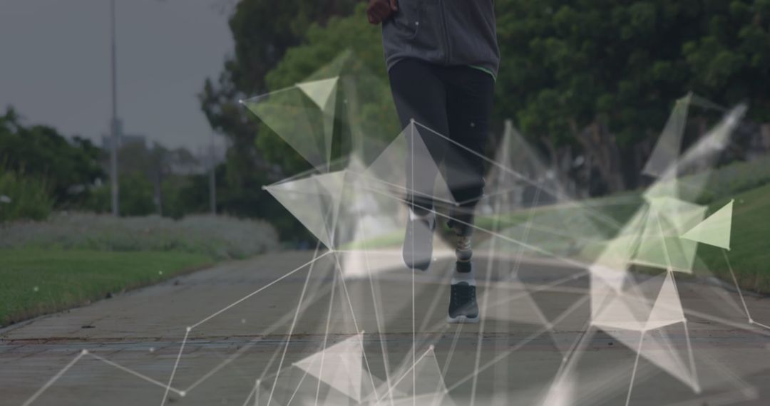 Athlete with Prosthetic Leg Running in Futuristic Networking Overlay