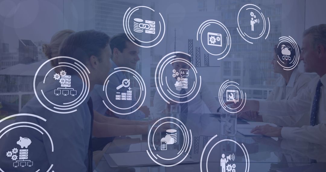 Business Team Discusses Data-driven Strategies with Digital Innovation