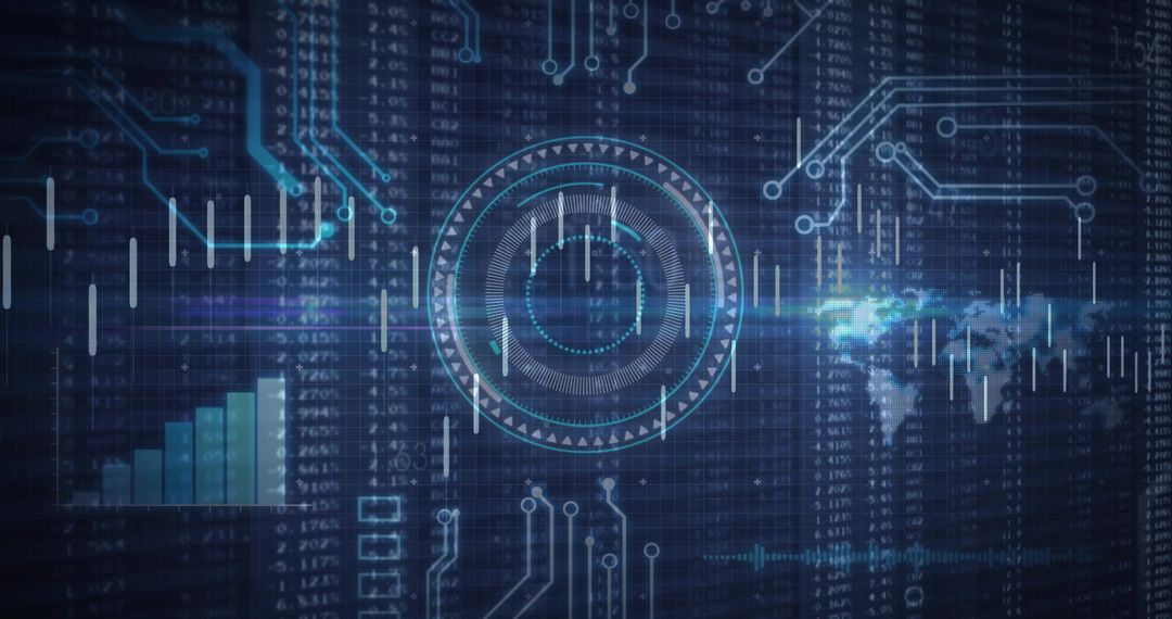Futuristic Interface Displaying Digital Data and Circuit Traces