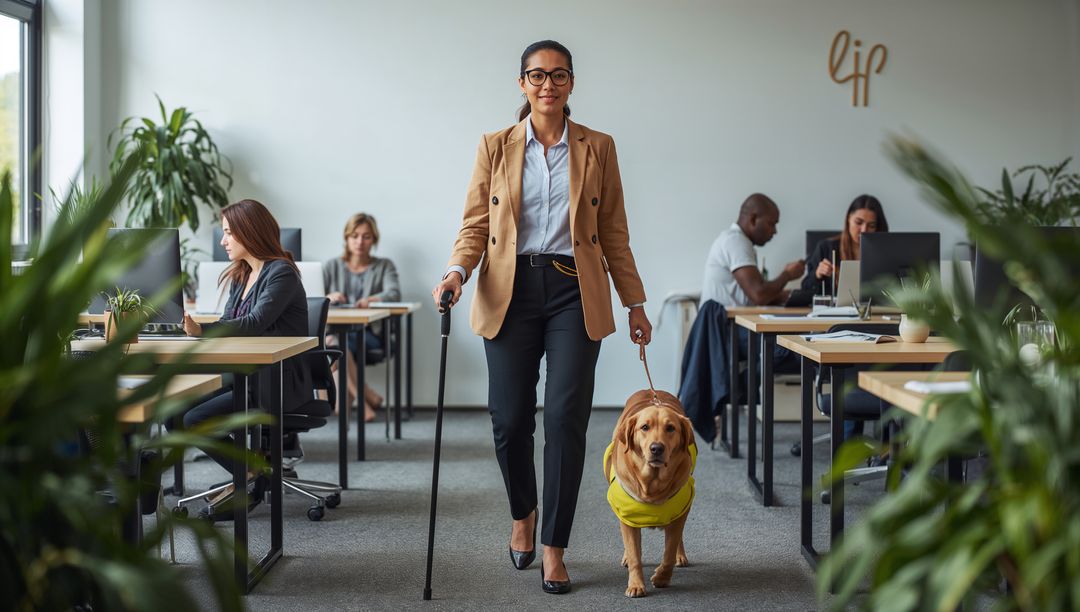 Blind professional walking with guide dog in modern office environment
