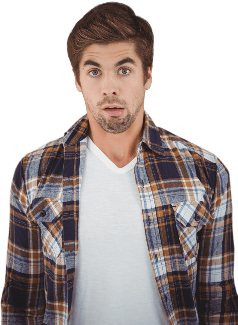 Surprised Man in Plaid Shirt Transparent Background