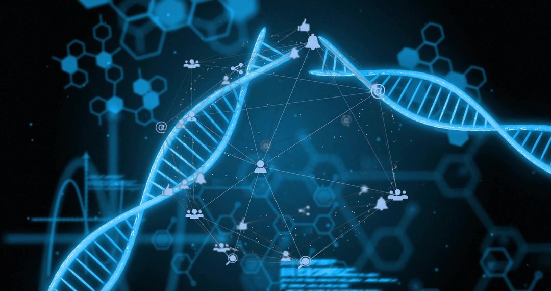 Futuristic Glowing DNA Helix on Digital Interface with Network Nodes