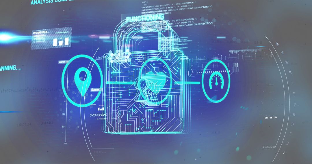 Futuristic Cybersecurity Dashboard with Glowing Padlock Icon