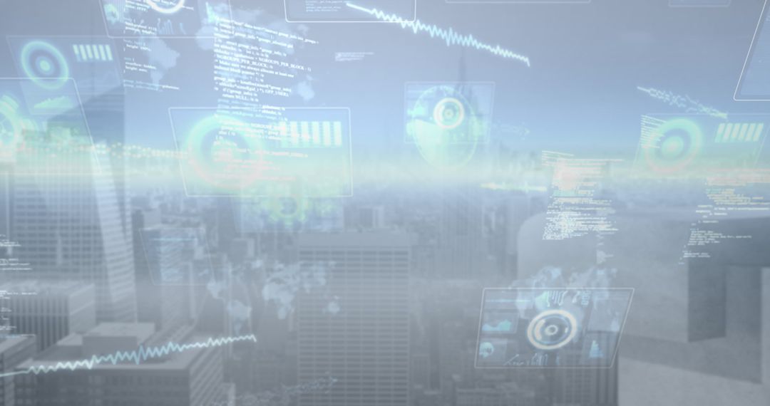 Digital Data Flow and Holographs Over Metropolitan Skyline