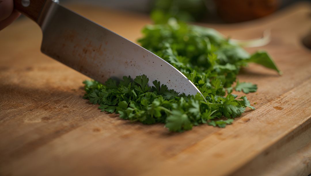 Chef Knife Slicing Fresh Parsley on Wooden Cutting Board
