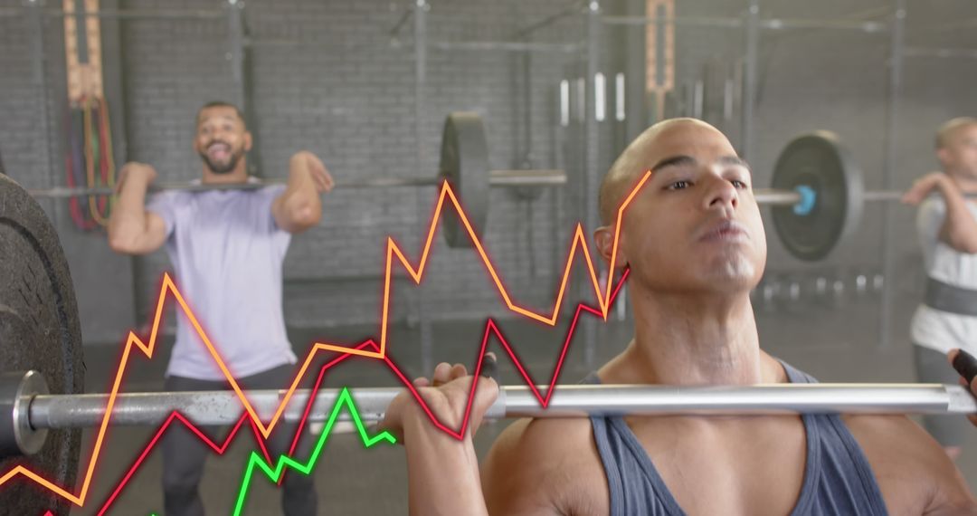 Diverse Athletes Lifting Barbells with Digital Data Overlay