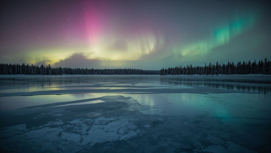 Aurora Borealis Dancing Over Part-Frozen Lake and Snowy Conifer Forest
