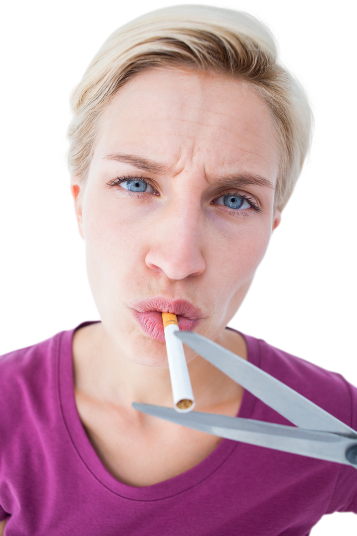 Caucasian Woman Cutting Cigarette on Transparent Background Promoting Healthy Lifestyle - Download Free Stock Images Pikwizard.com