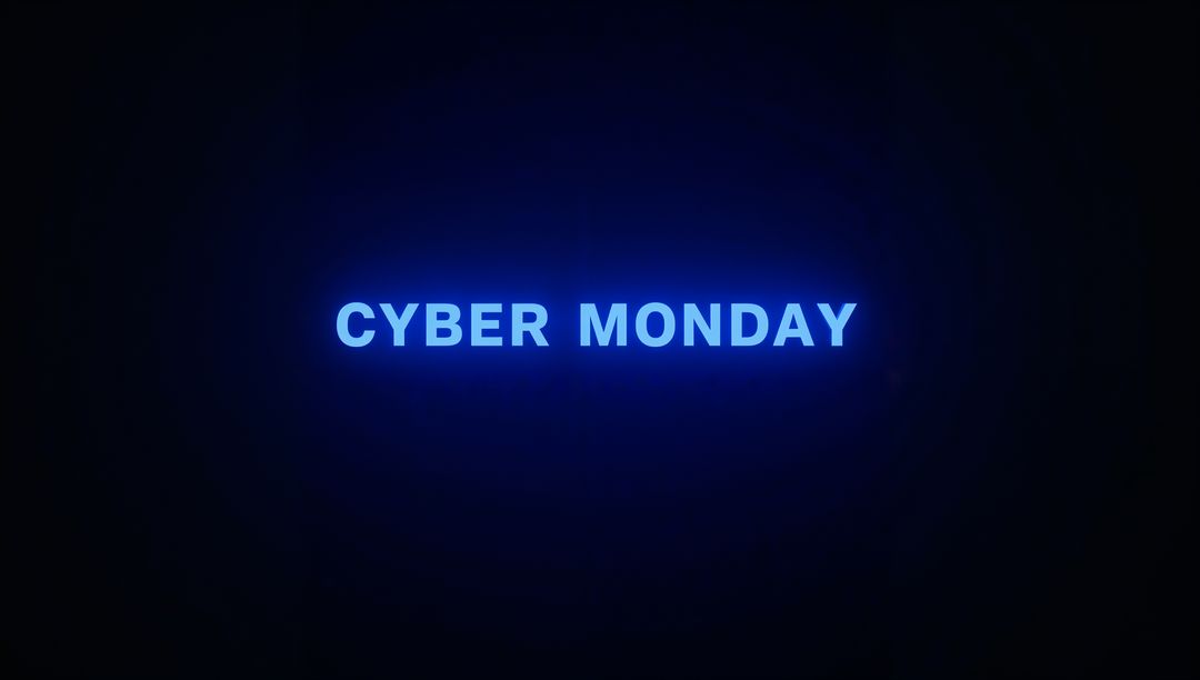 Cyber Monday Neon Headline on Dark Blue Gradient Background with Glowing Halo