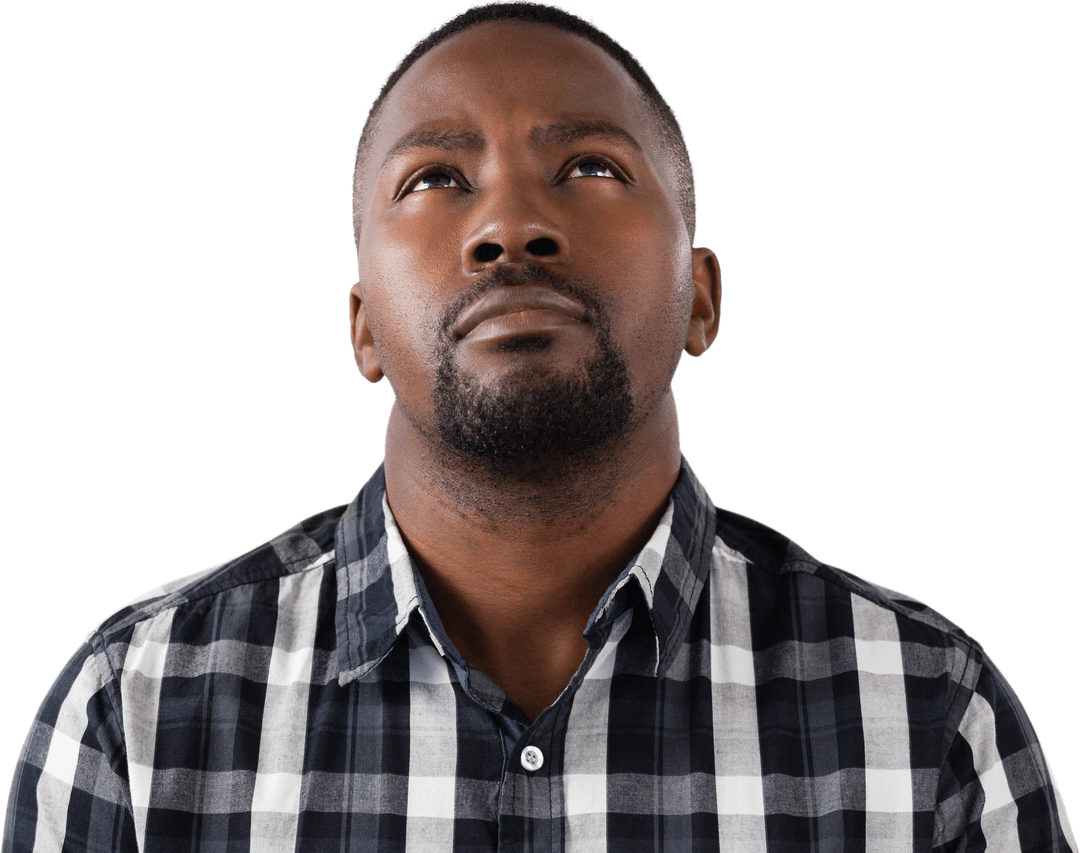 Thoughtful Man Looking Up on Transparent Background