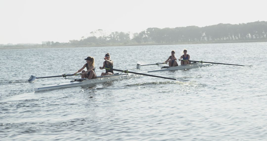 Team of Rowers Practicing on Calm Water Early Morning - Free Images, Stock Photos and Pictures on Pikwizard.com