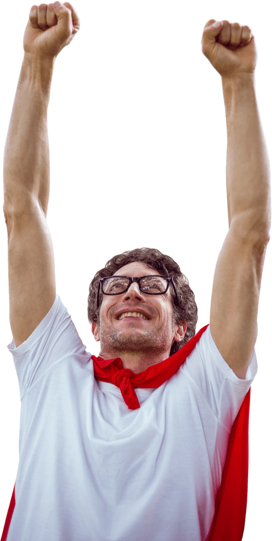 Cheerful Man Celebrating with Raised Hands and Red Cape Transparent
