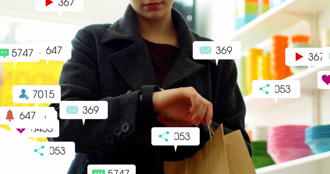 Woman Shopping With Smartwatch Displaying Social Media Notifications