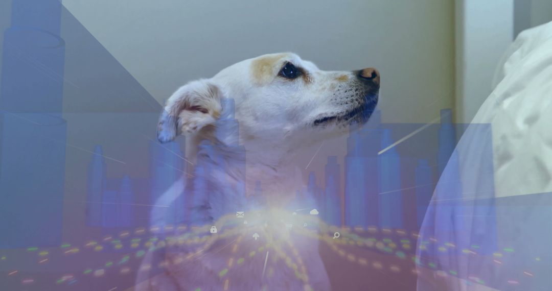 White Dog with Digital Overlay Reflecting Modern Technology Environment