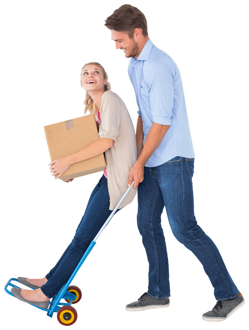 Young Couple Enjoying on Moving Trolley, Transparent Background
