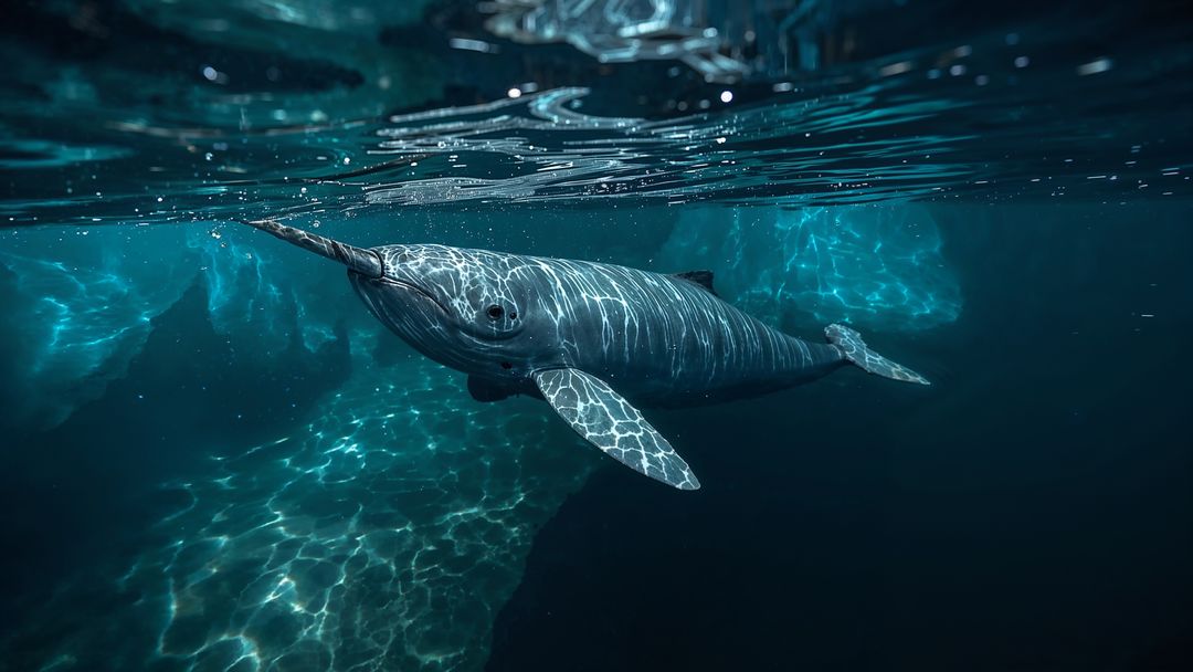 Narwhal Gliding Under Ice Edge in Pristine Ocean Water