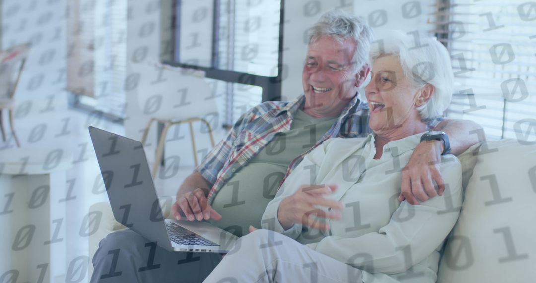 Happy Senior Couple Navigating Laptop with Binary Code Overlay