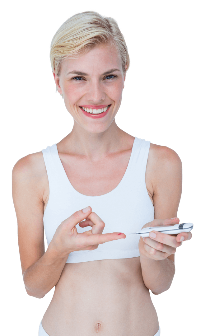 Smiling Woman Monitoring Blood Glucose, Transparent Background, Health Concept