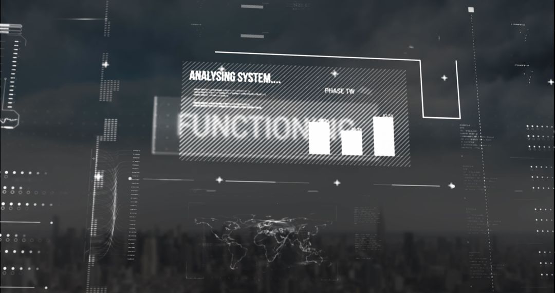 Futuristic Data Analysis Interface Overlaying Urban Skyline