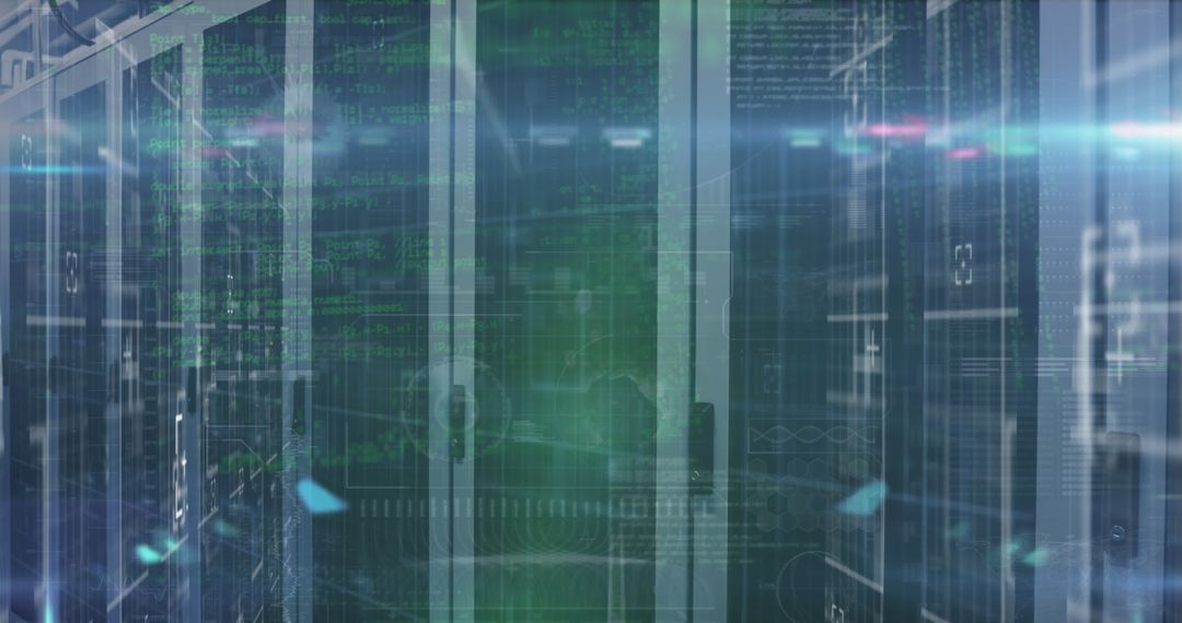 Futuristic Data Center Aisle with Digital Overlay