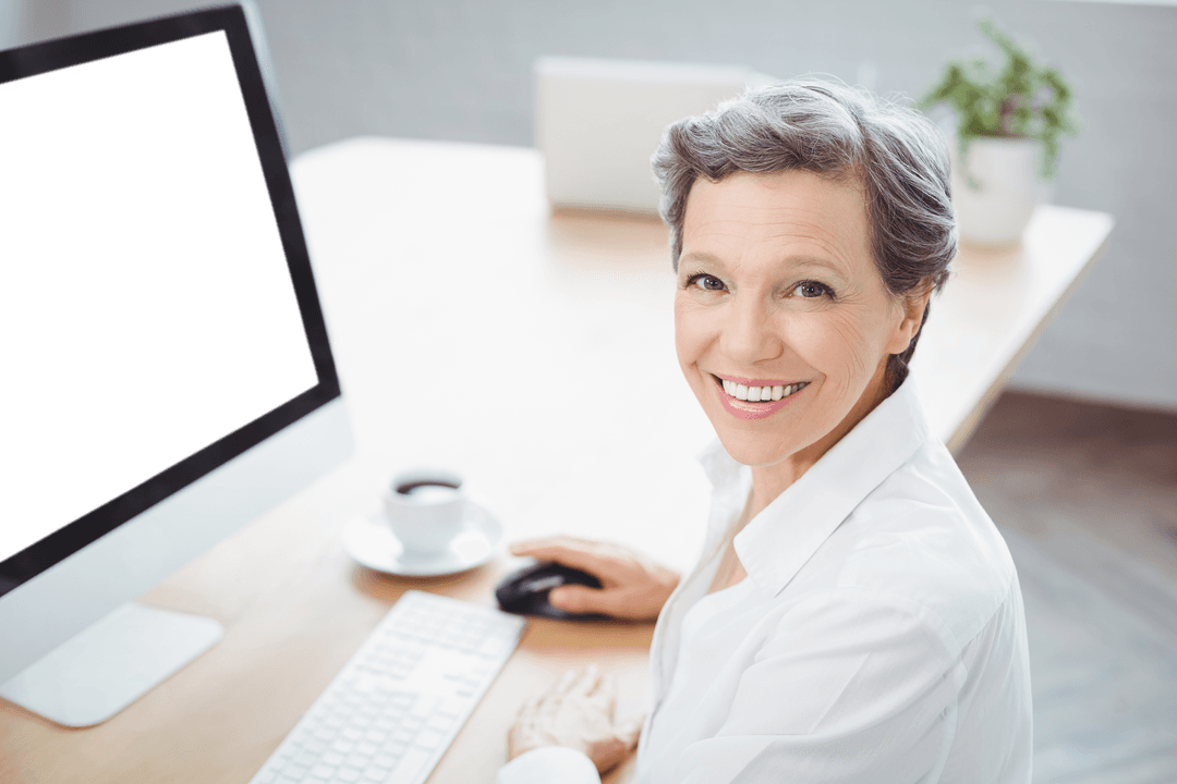 Transparent Background Businesswoman Smiling at Desk with Computer