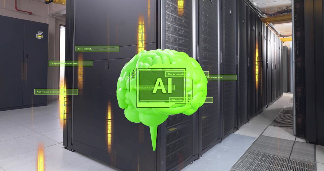 AI Brain Holograph over Data Center Servers Visualizing Digital Processing