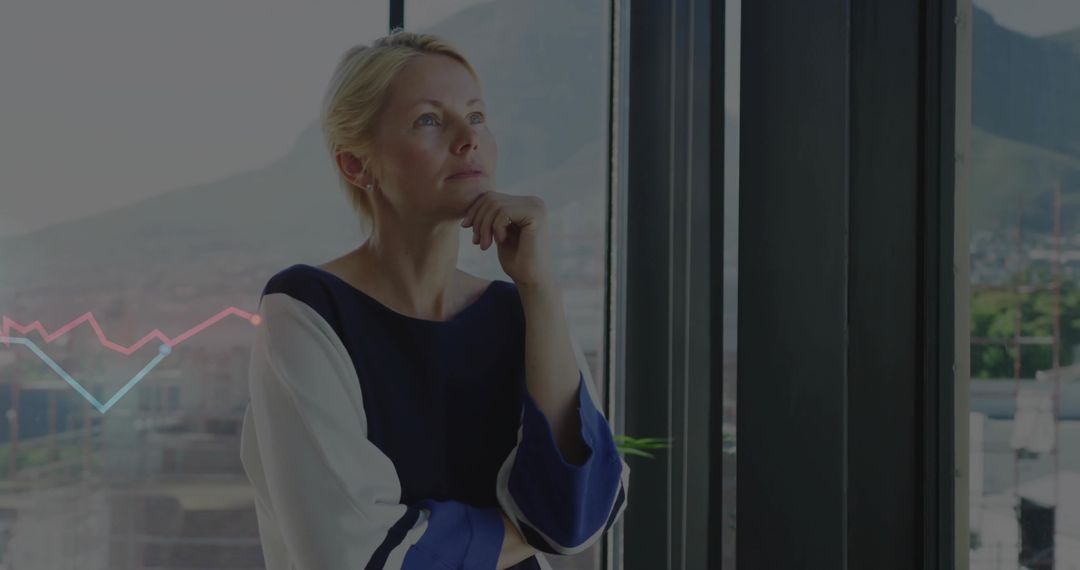 Thoughtful Businesswoman Gazing at Modern Cityscape with Data Visualization Overlay