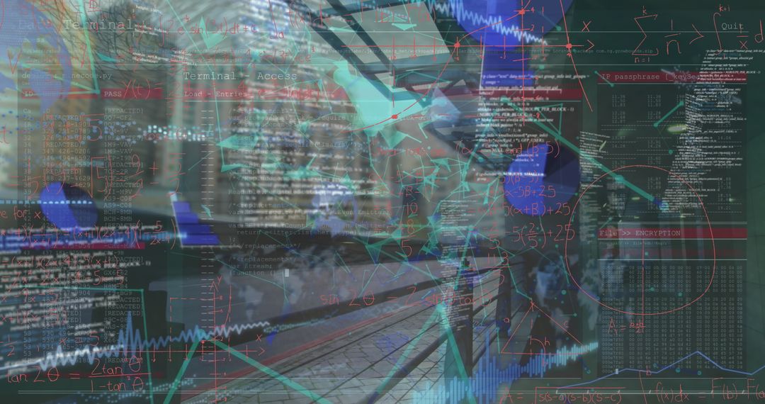 Complex Data and Mathematical Overlays Against Cityscape