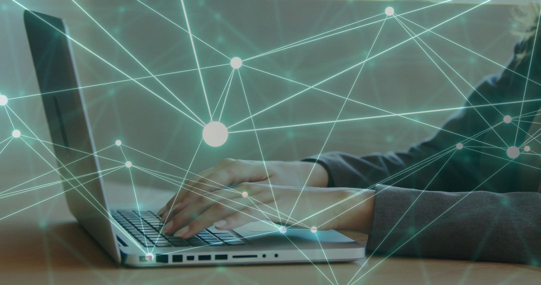 Businesswoman Using Laptop with Networking Technology Concept Overlay