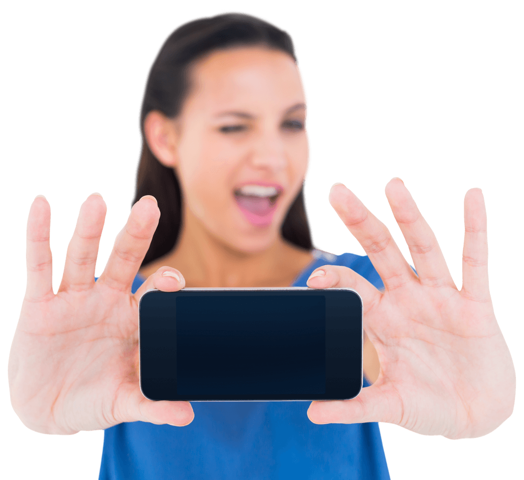 Smiling Brunette Woman Holding Mobile Phone Against Transparent Background