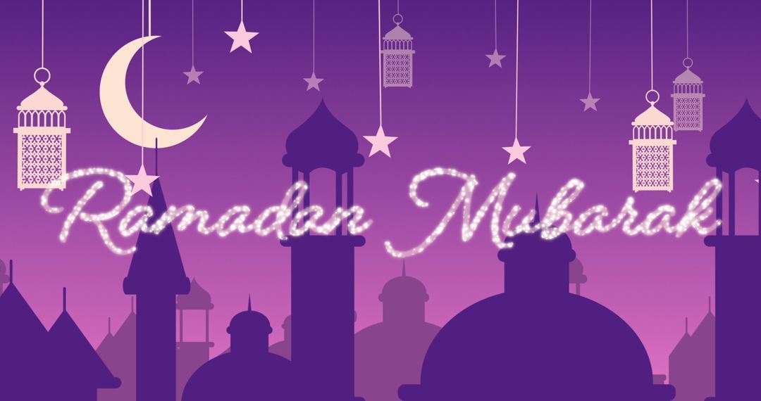 Ramadan Mubarak Greeting with Mosque and Lantern Silhouettes - Free Images, Stock Photos and Pictures on Pikwizard.com