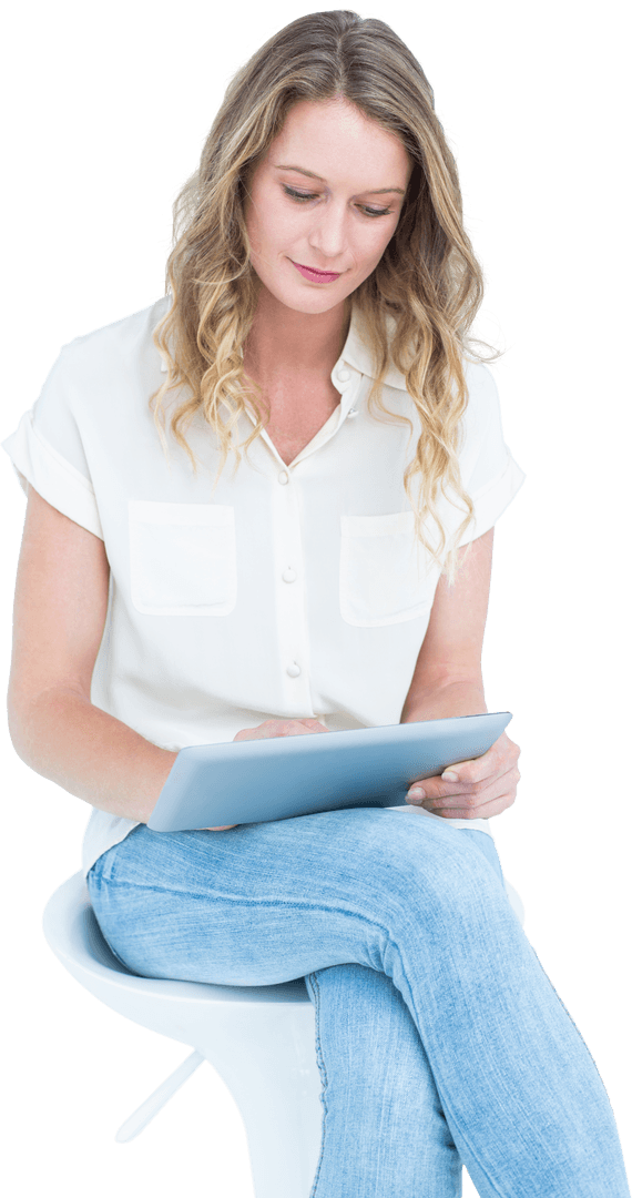 Transparent Woman Interacting with Tablet for Technology Concept