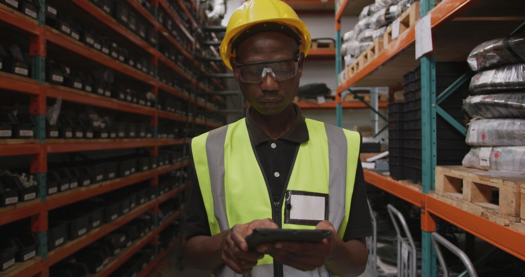 Industrial Worker Using Tablet in Warehouse Aisle