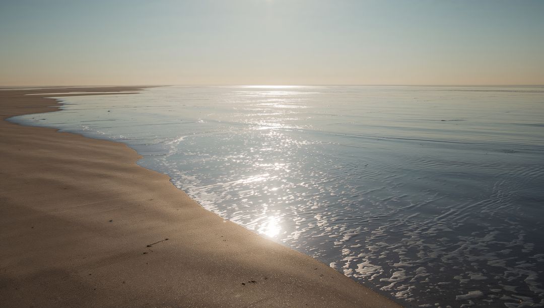 Sunlight reflecting on wet sand along tranquil empty shoreline at low tide