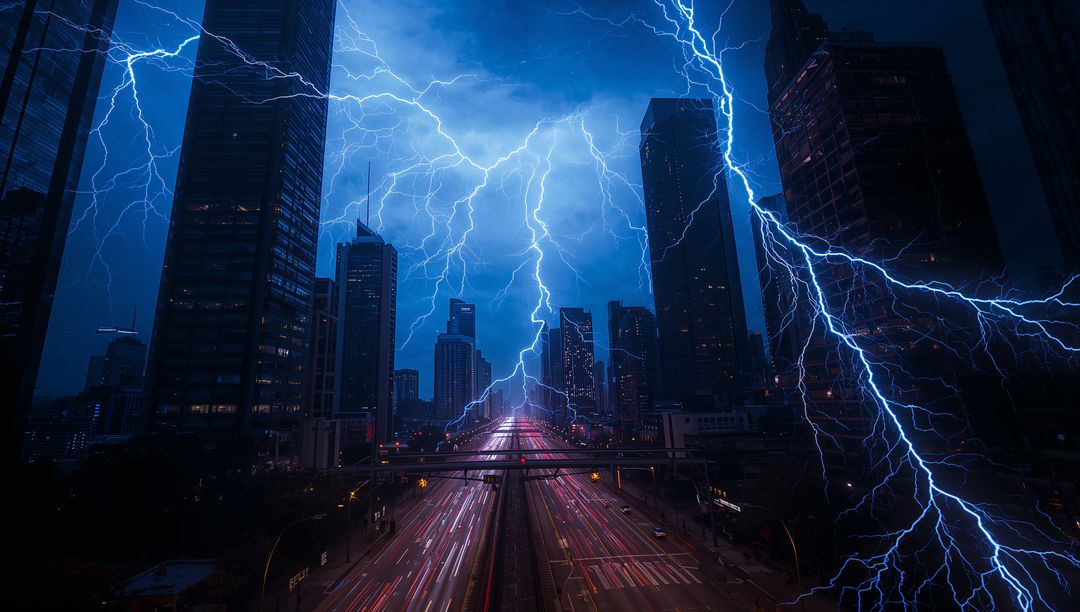 Dramatic Lightning Over City Highway at Night