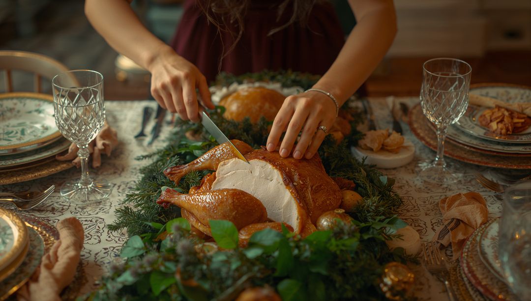 Elegant Feast with Turkey Being Carved in Rustic Setting