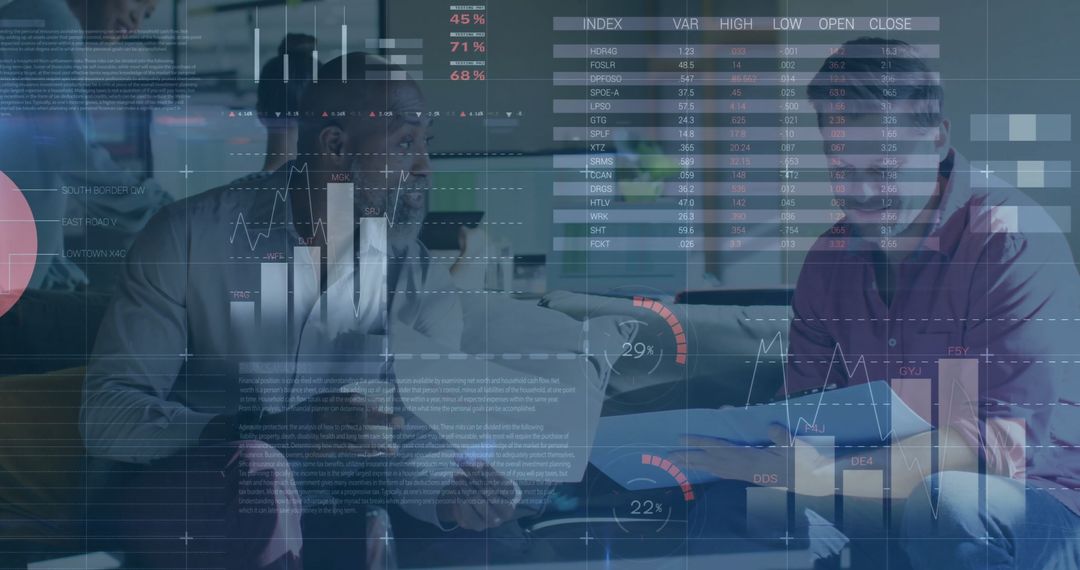 Colleagues Collaborating with Financial Data Interface in Modern Office