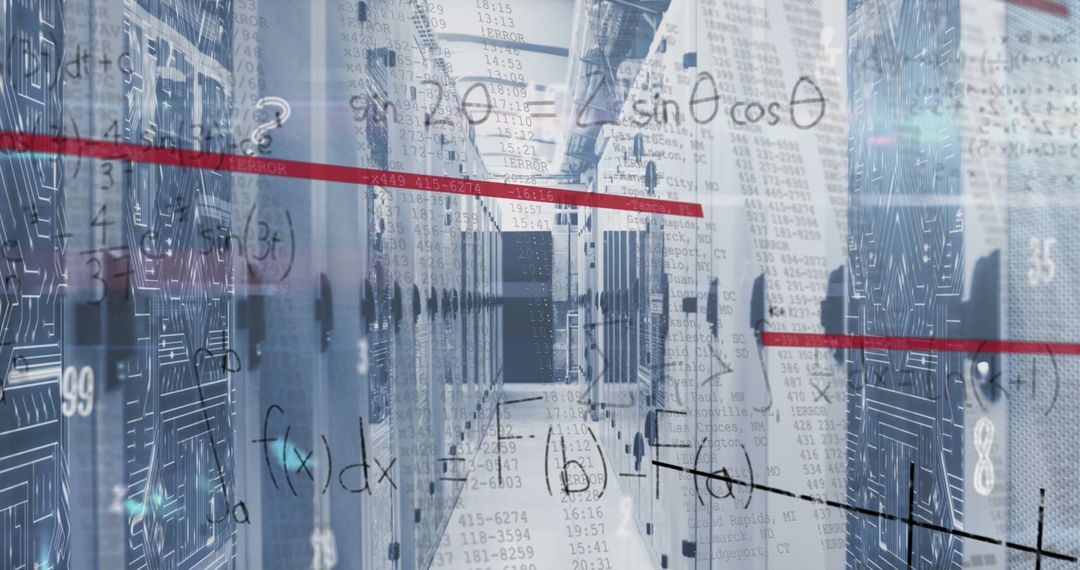 Server Room with Digital Overlay of Data and Equations