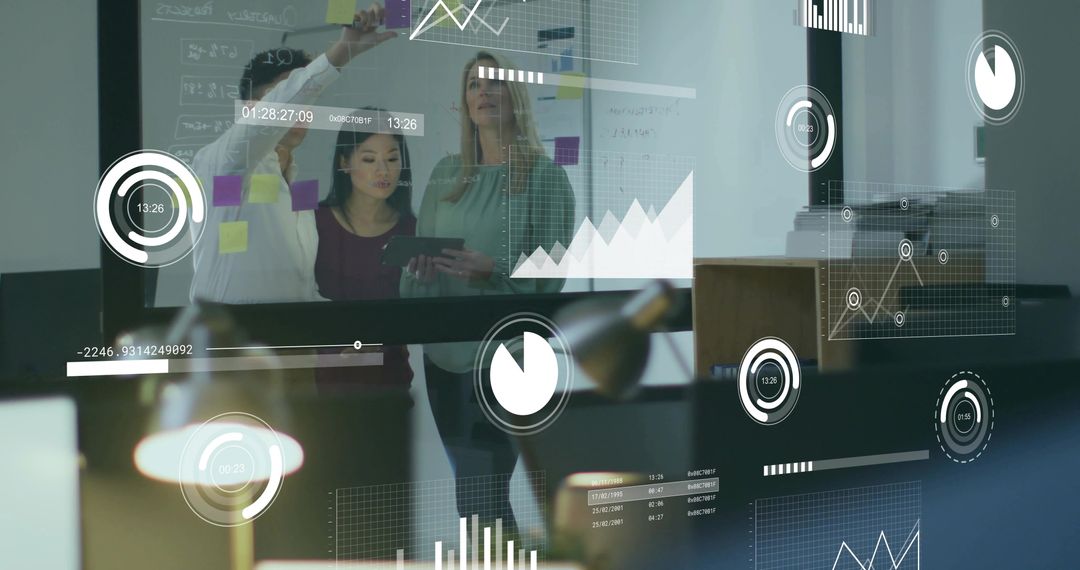 Business Team Analyzing Infographic Data on Transparent Board