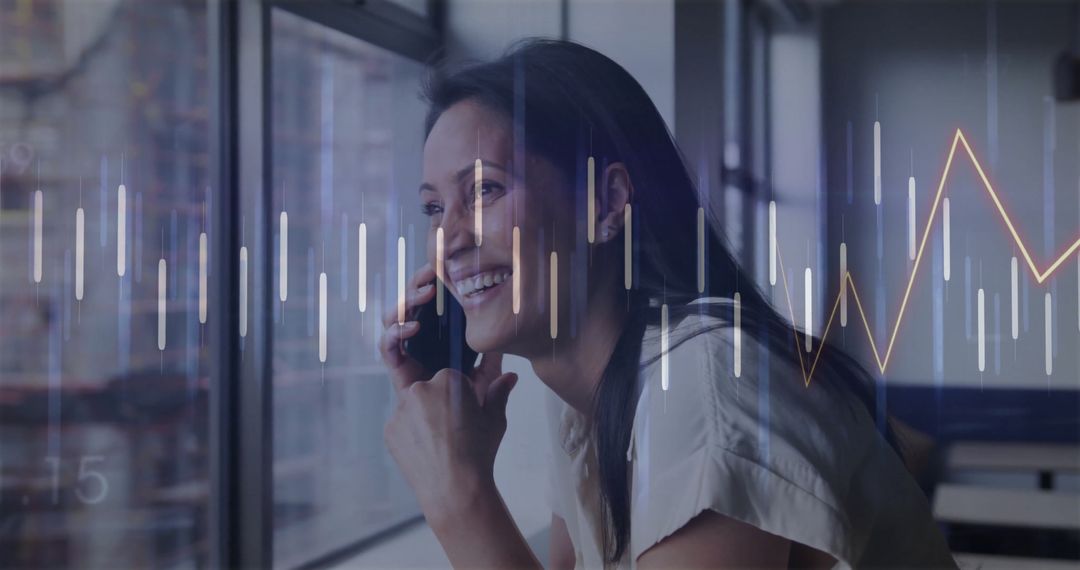 Businesswoman Discussing Strategies with Financial Data Overlay