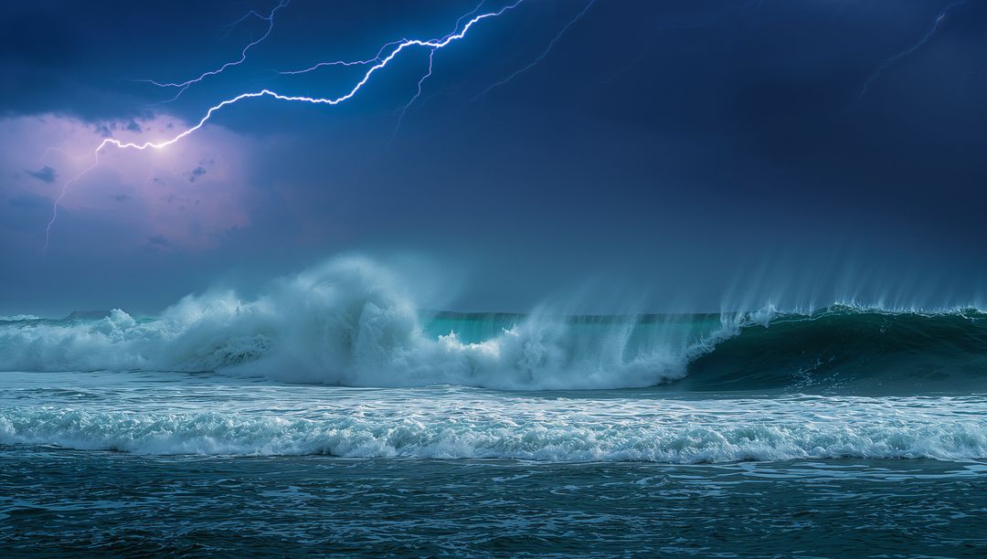 Thunderous Ocean Waves Struck by Lightning at Night