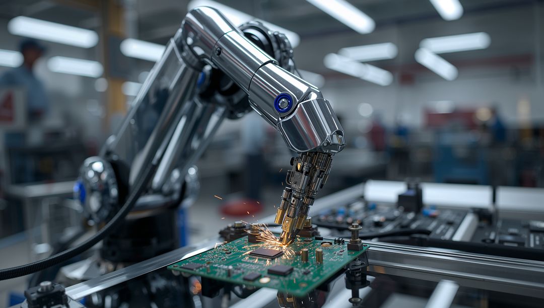 Advanced Robotic Arm Soldering Circuit Board in High-Tech Factory
