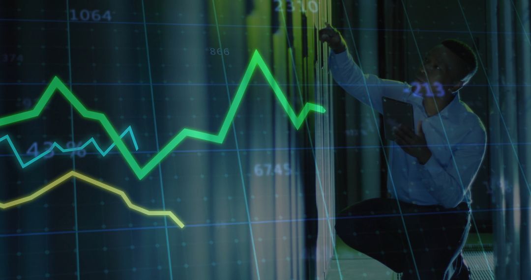 IT Technician Analyzing Server Rack with Data Overlay