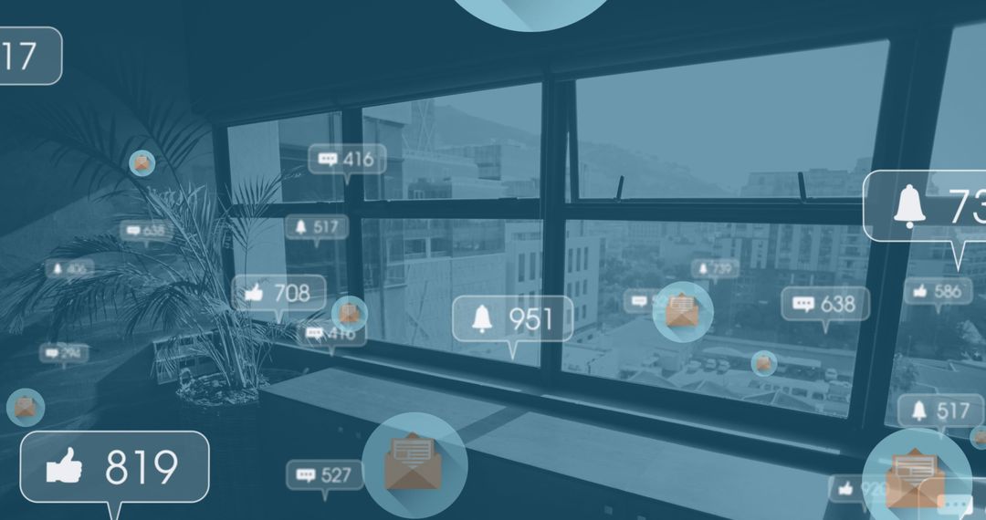 Digital Notifications Overlay on Modern Cityscape