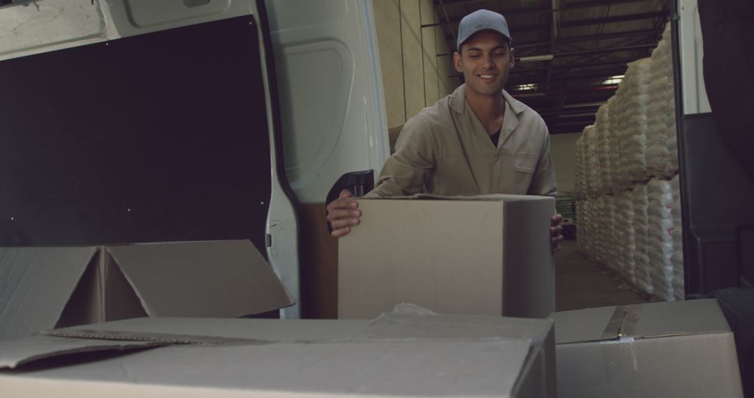 Delivery Worker Loading Boxes onto Van Interior - Free Images, Stock Photos and Pictures on Pikwizard.com