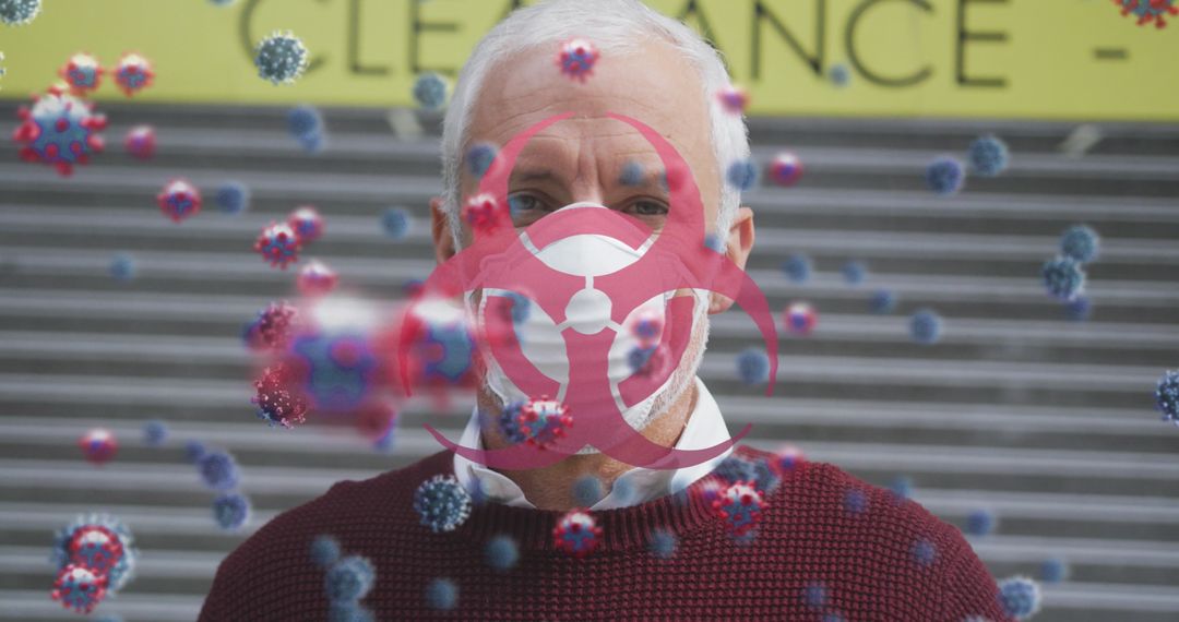 Senior Man with Virus Cells and Biohazard Symbol