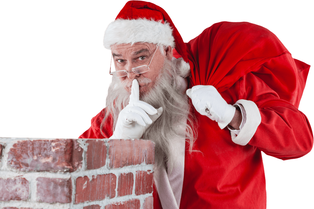 Transparent Santa Claus Silently Standing by Chimney with Bag